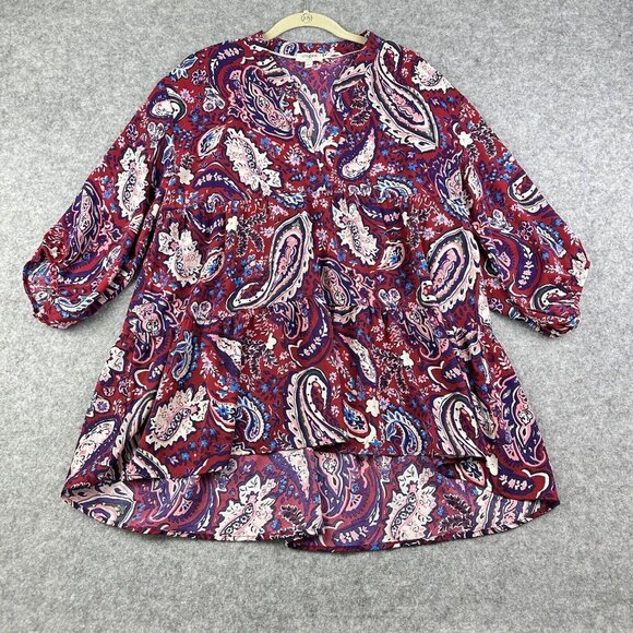 Umgee Top Blouse Womens L Floral Paisley Tiered Hi Low V-Neck Flowy Office Boho - Picture 1 of 11